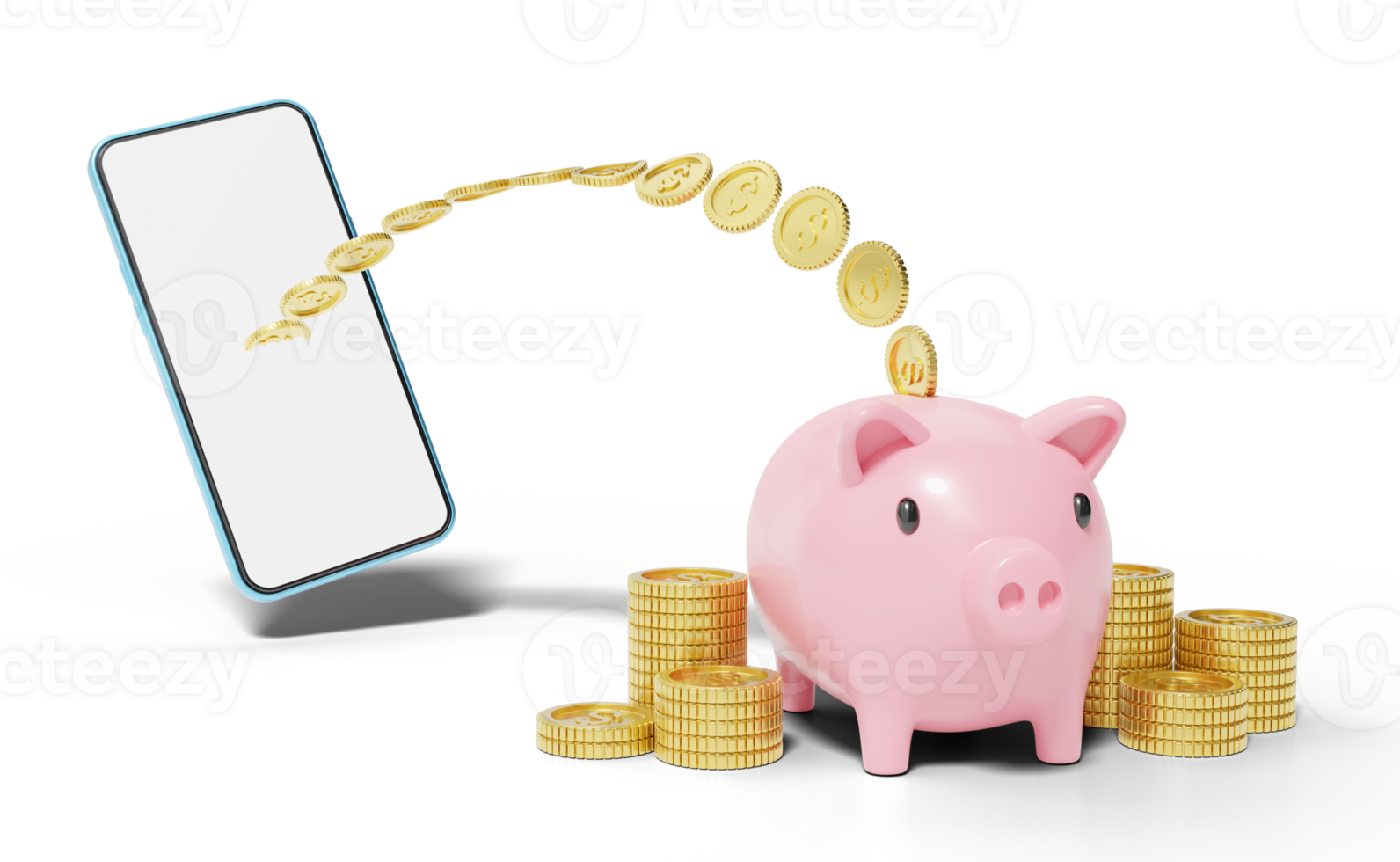 Gold coin flew out of smartphone falling into pink piggy bank. Mobile banking and Online payment service. Save dollar in Pig money box. Saving money wealth and business financial concept. 3d render. png