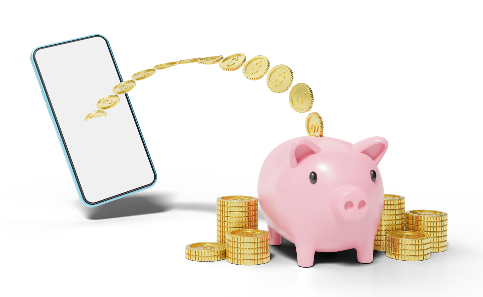 Gold coin flew out of smartphone falling into pink piggy bank