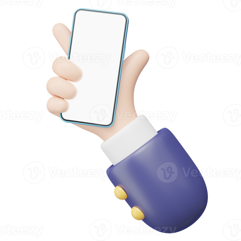 3D Mobile phone in human hand icon. Businessman wearing suit holding blue smartphone blank white screen floating isolated. Mockup space for display application. Business cartoon style. 3d icon render. png