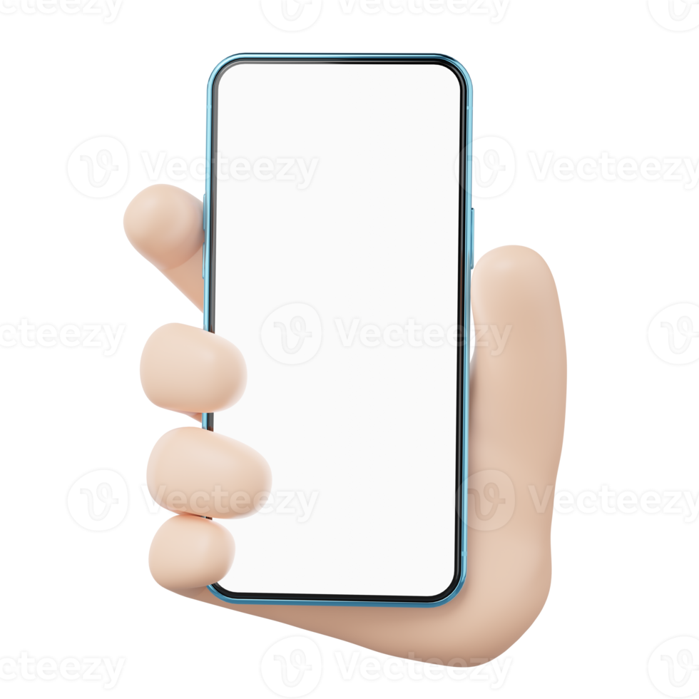 3D human hand holding mobile phone icon. Businessman wearing suit with smartphone blank white screen floating isolated. Mockup space for display application. Business cartoon style. 3d icon render. png