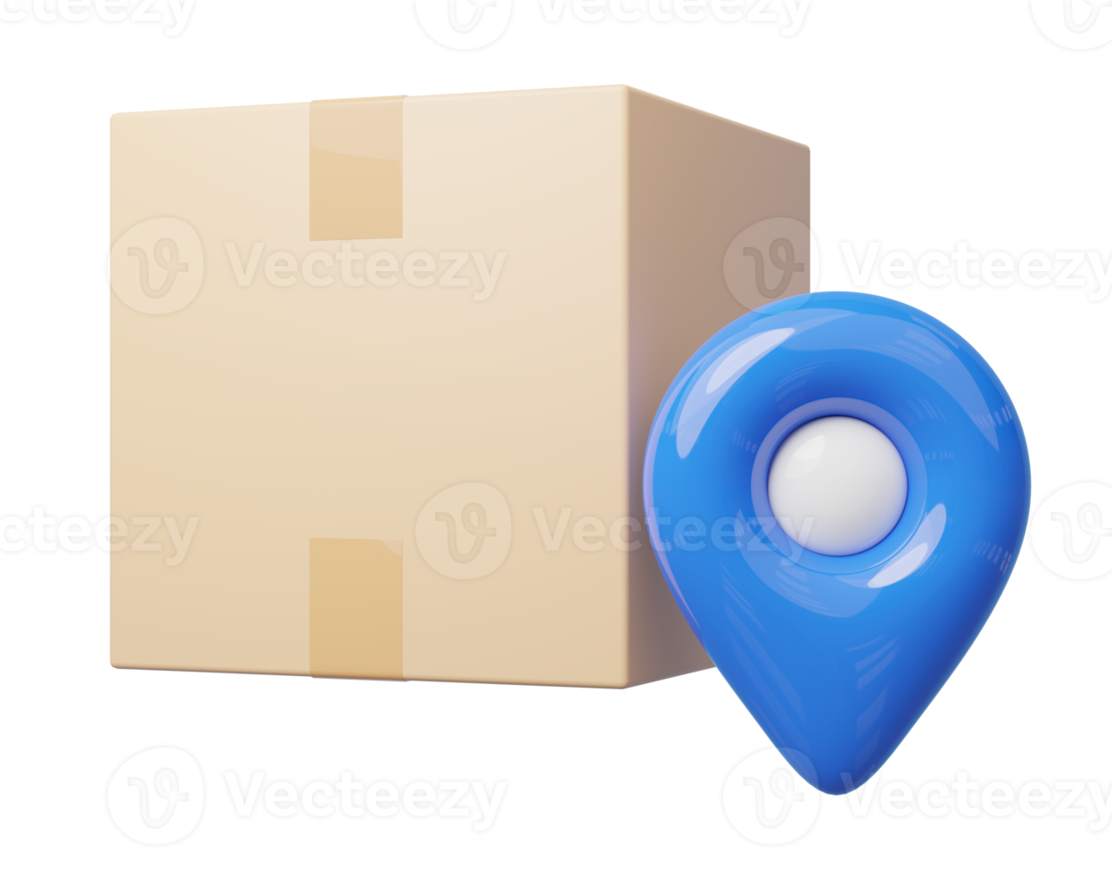 3d brown box, location pin icon. Blue GPS navigator checking points, realistic cardboard boxes floating. Market online, Fast delivery, Express shipping concept. Cartoon icon minimal style. 3d render. png