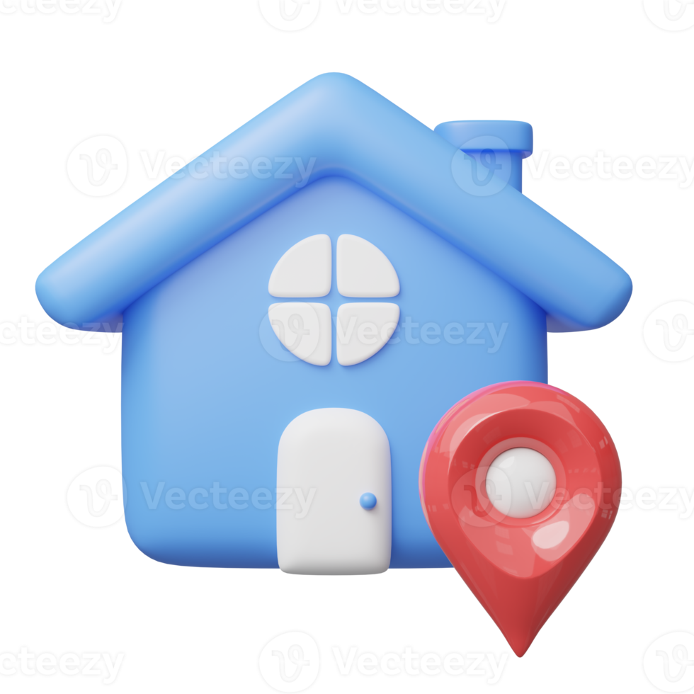 3d blue house, red location pin icon. Cute home with GPS navigator checking points float. Business investment, real estate, mortgage, loan concept. Cartoon icon minimal style. 3d render illustration. png