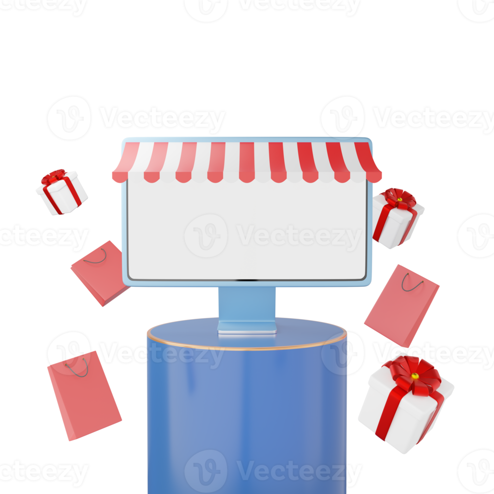 Blue computer monitor on cylinder podium with gold border, paper shop bag, gift box on background. Digital market online, e commerce concept. Sale promotion. Desktop with blank white screen. 3d render png