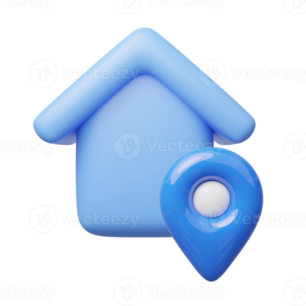 3d blue house, location pin icon. Cute home with GPS navigator checking points floating. Business investment, real estate, mortgage, loan concept. Cartoon icon minimal style. 3d render illustration. png