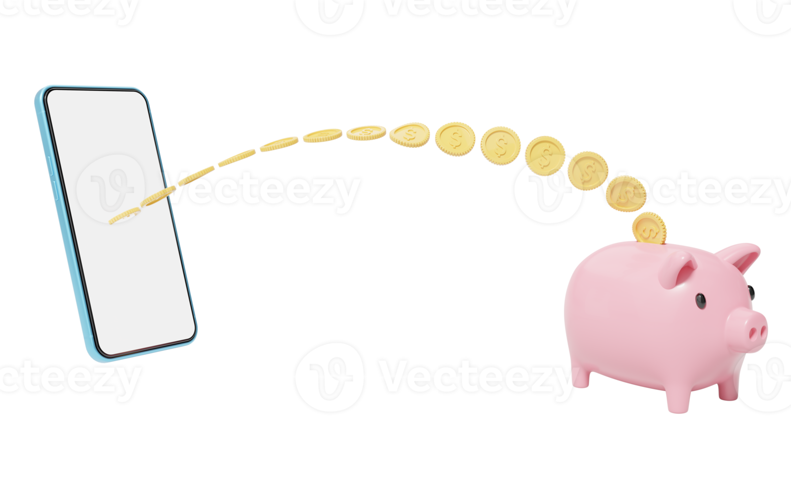 Gold coin flew out of smartphone falling into pink piggy bank. Mobile banking and Online payment service. Save dollar in Pig money box. Saving money wealth and business financial concept. 3d render. png