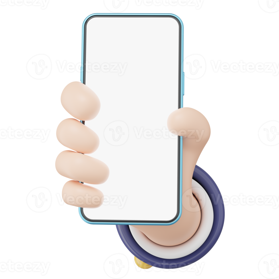 3D Smartphone in human hand icon. Businessman wearing suit holding blue Mobile phone blank white screen floating isolated. Mockup space for display application. Business cartoon style. 3d icon render. png