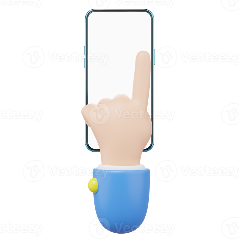 ícone de telefone móvel de toque de mão 3D. empresário vestindo terno usando tela branca em branco do smartphone flutuando espaço de cópia isolado. espaço de maquete para aplicativo de exibição. estilo de desenho animado de negócios. renderização de ícone 3D png