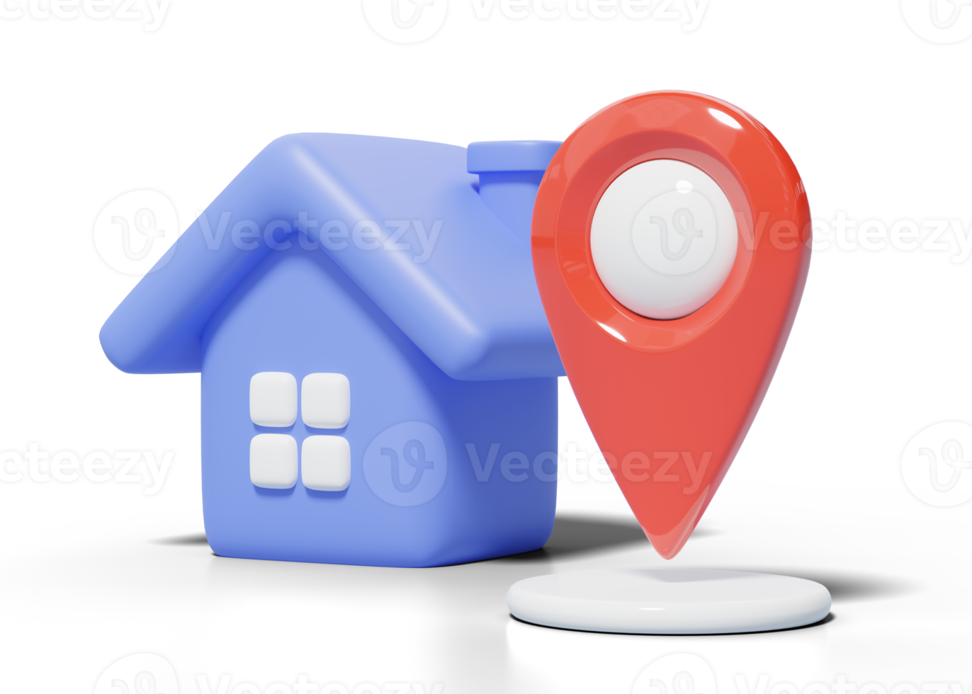 3d blue house, location pin icon. Cute home model with red GPS navigator checking points. Business investment, real estate, mortgage, loan concept. Cartoon icon minimal style. 3d render illustration. png