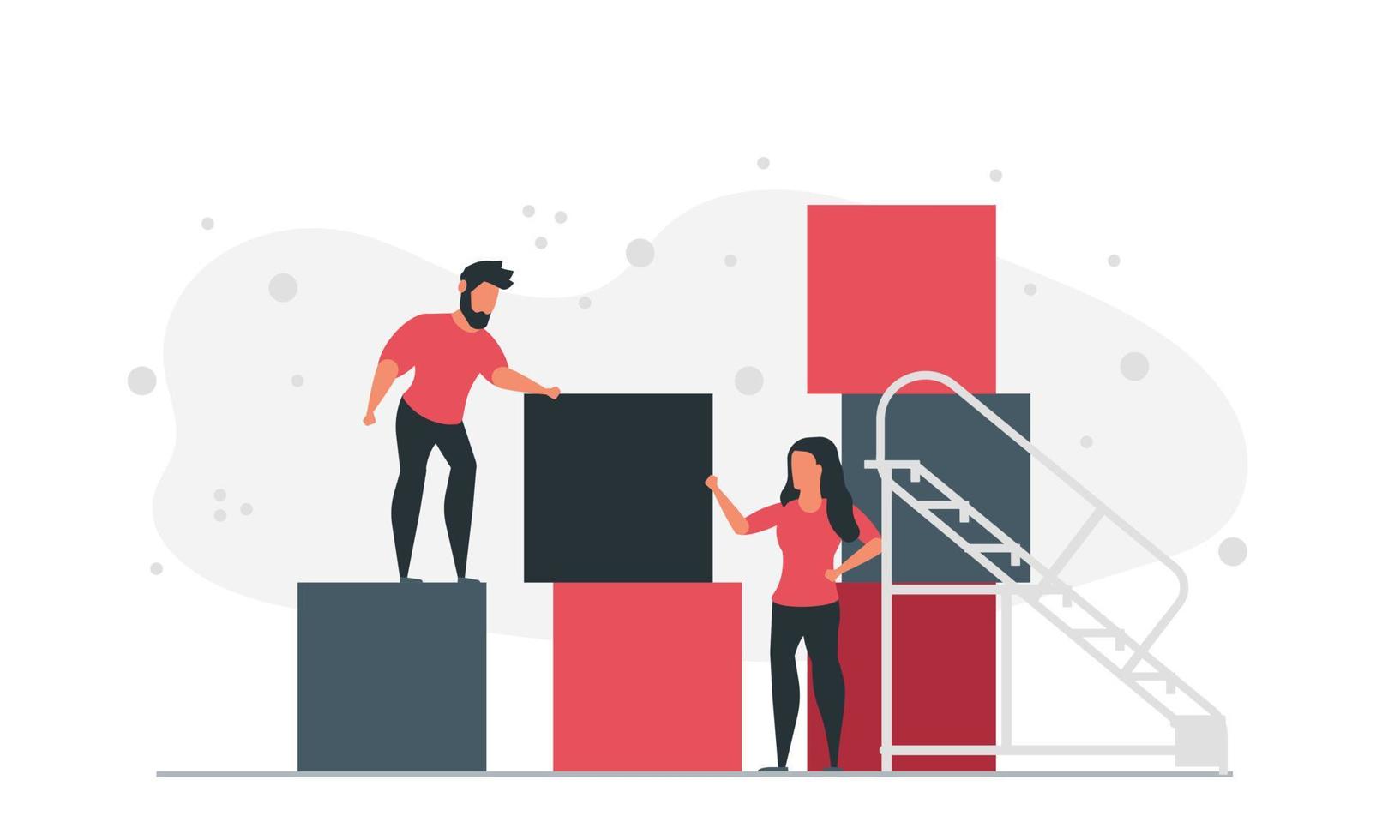 People from the blocks of the cube make a graphic together. Man and woman building business plans company concept vector illustration