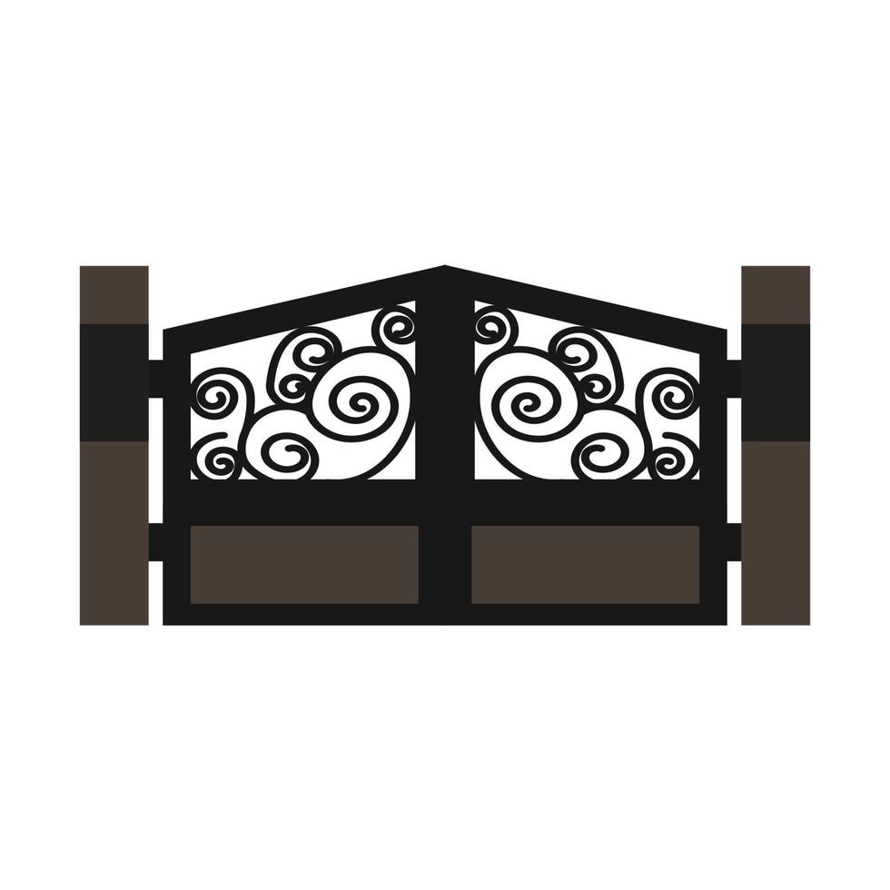 Gate with iron fence door and metal cartoon manor decoration. Front entrance from ironwork grid vector illustration. Old lattice wrought and classic frame ornament for park. Security steel structure