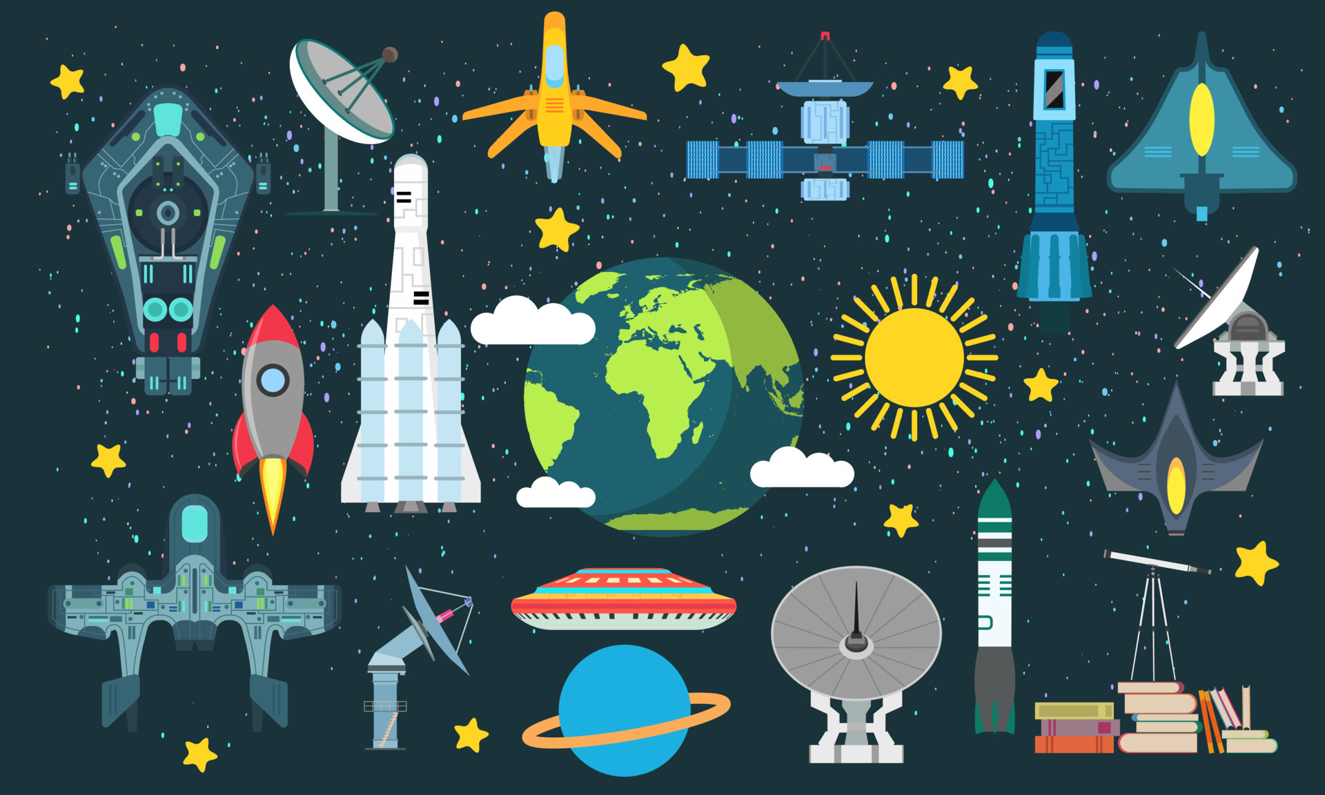 Space set science galaxy astronomy and technology universe cartoon.  Explorer planet collection vector illustration. Cosmos icon art satellite  and spaceship transportation. Cosmonaut element futuristic 10893927 Vector  Art at Vecteezy