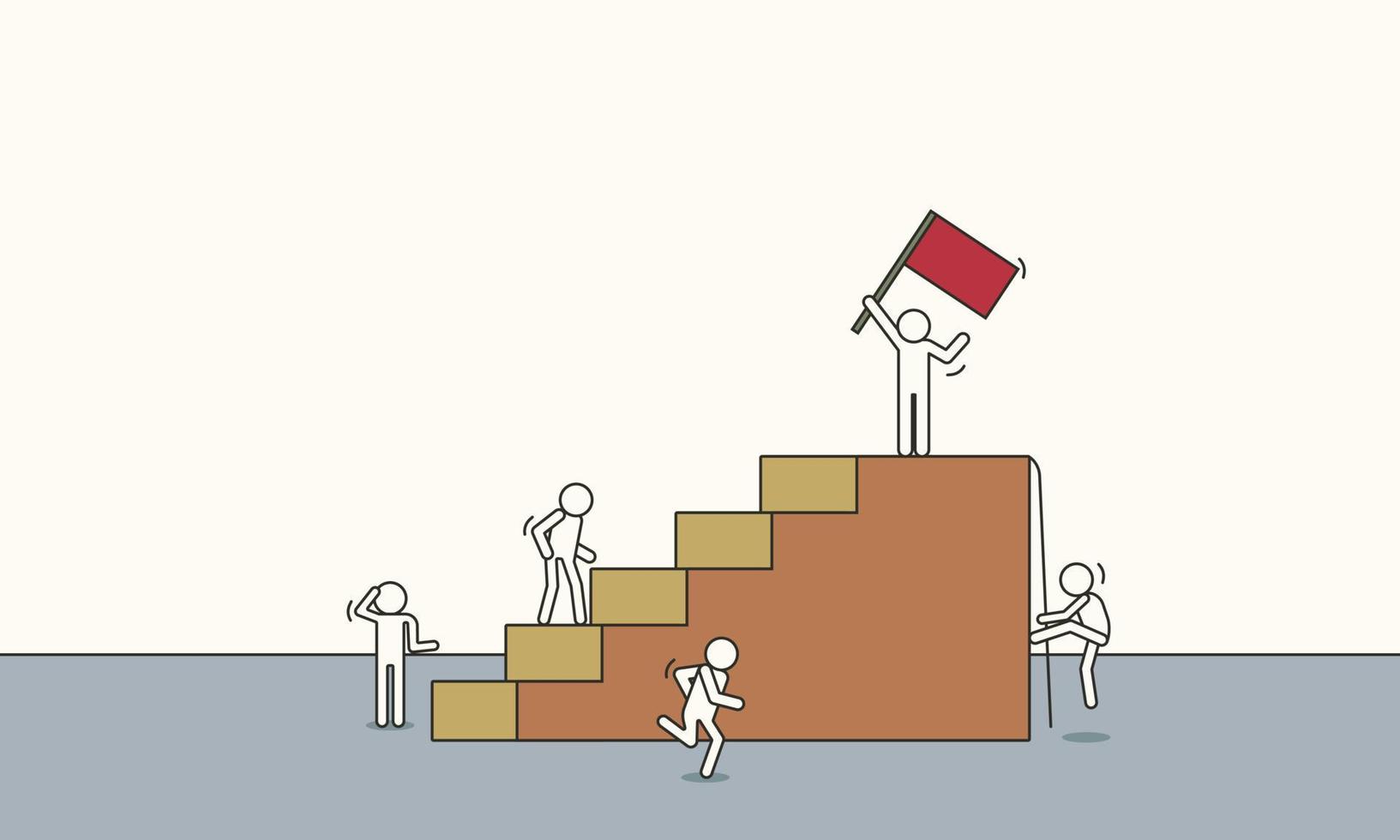 doodle líder escalada vector boceto éxito empresarial ilustración. equipo de personas con liderazgo dibujos animados trabajo en equipo logro progreso con bandera roja.