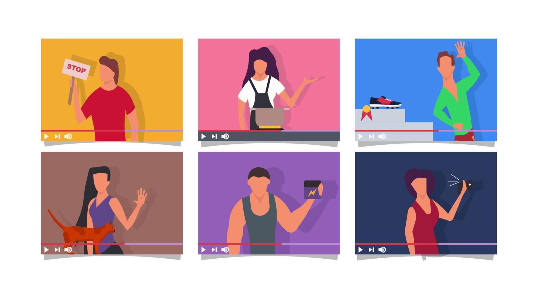 Blogger people on screen vlog vector flat illustration concept online video. Business internet communication social media. Digital network character marketing content live. Broadcast streaming share