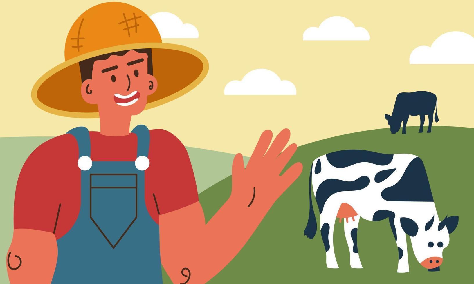 paisaje de campo de granja de hombre y vaca de granjero. productos lácteos y leche con ilustración de vector de ganado de dibujos animados de animales. gente de carácter y rancho de pueblo de pradera. cosecha de verano y trabajo agrícola negocio rural