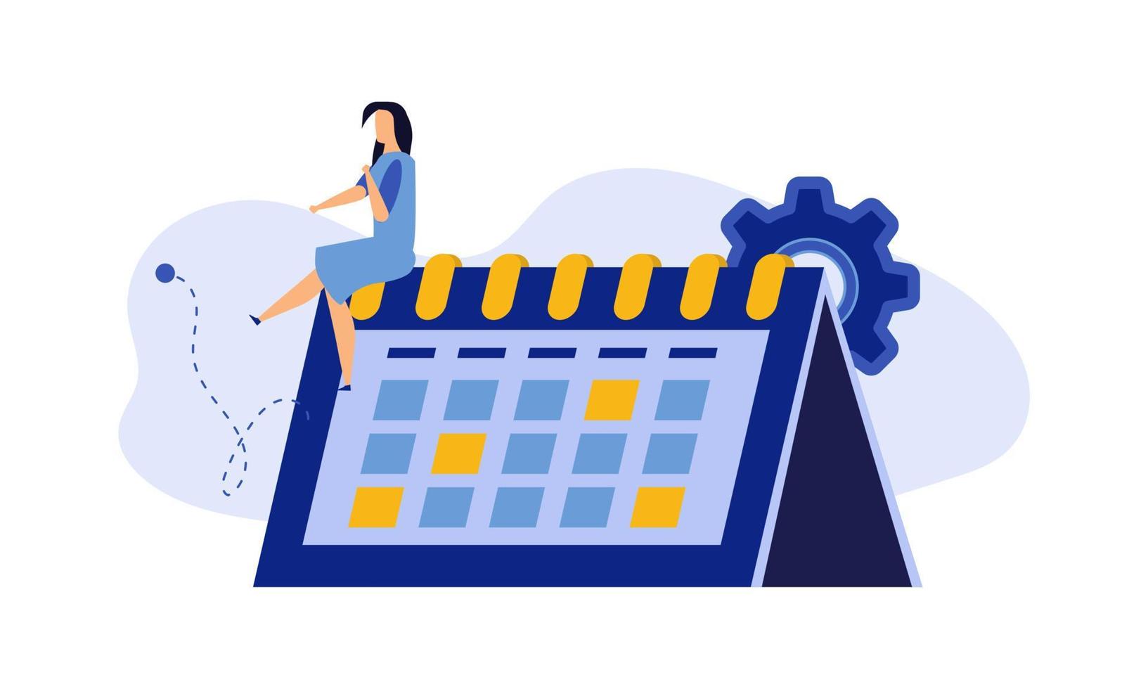 Calendar schedule week vector concept illustration. Student appointment employee agenda man and woman. Business plan with clock,pencil. Date time meeting day. Coworker banner office teamwork assign