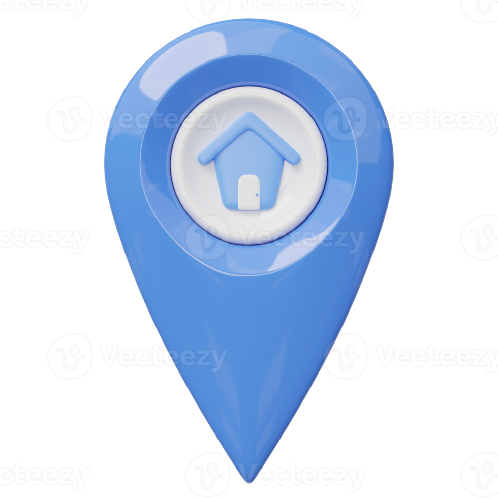 3d blue location pin, house icon. GPS navigator checking points with cute home floating. Business investment, real estate, mortgage, loan concept. Cartoon icon minimal style. 3d render illustration. png