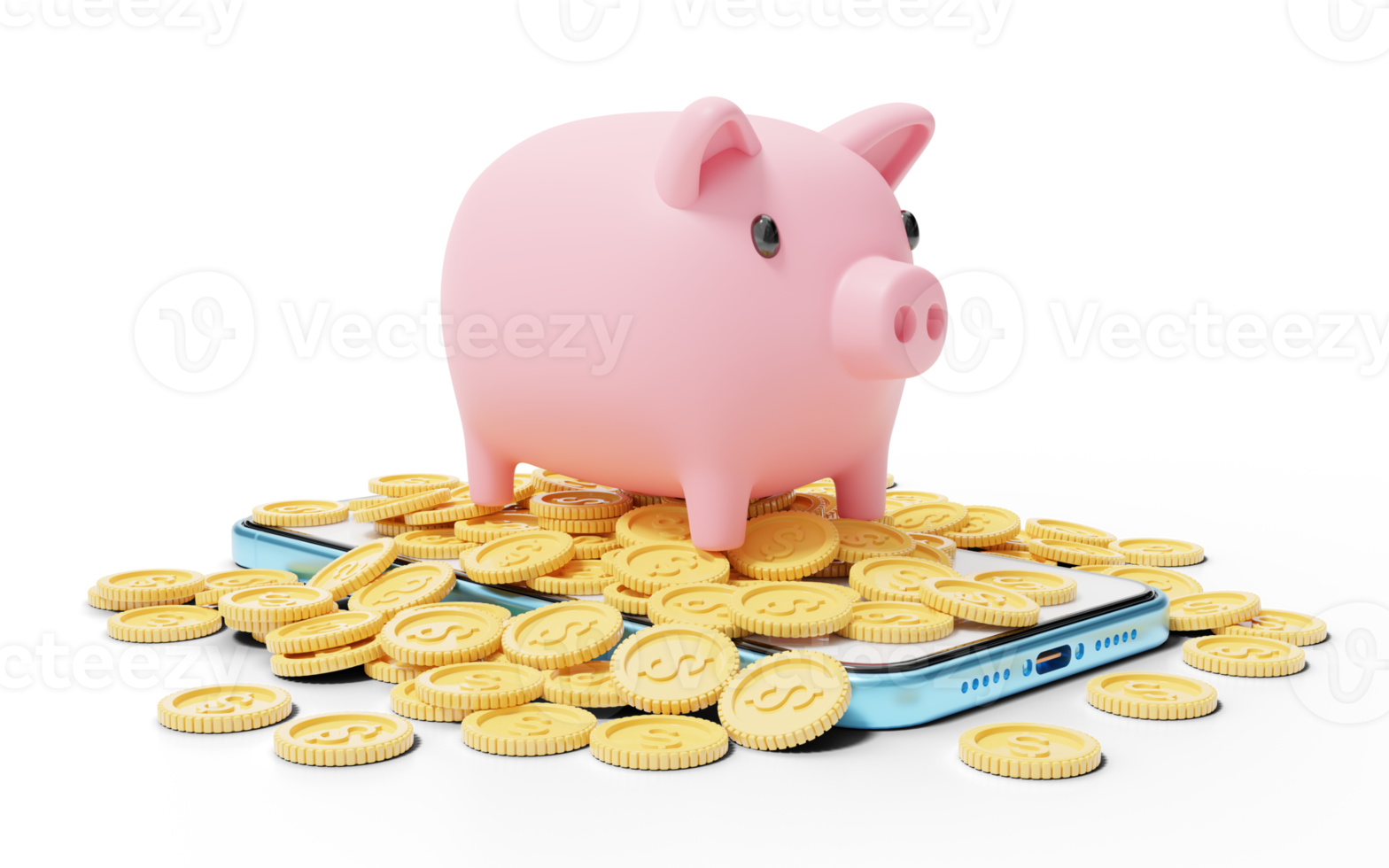 Piggy bank on pile of coins and blue phone. mobile banking and Online payment service, e commerce, app store. Save money business finance. smartphone with blank white screen. 3d render. png