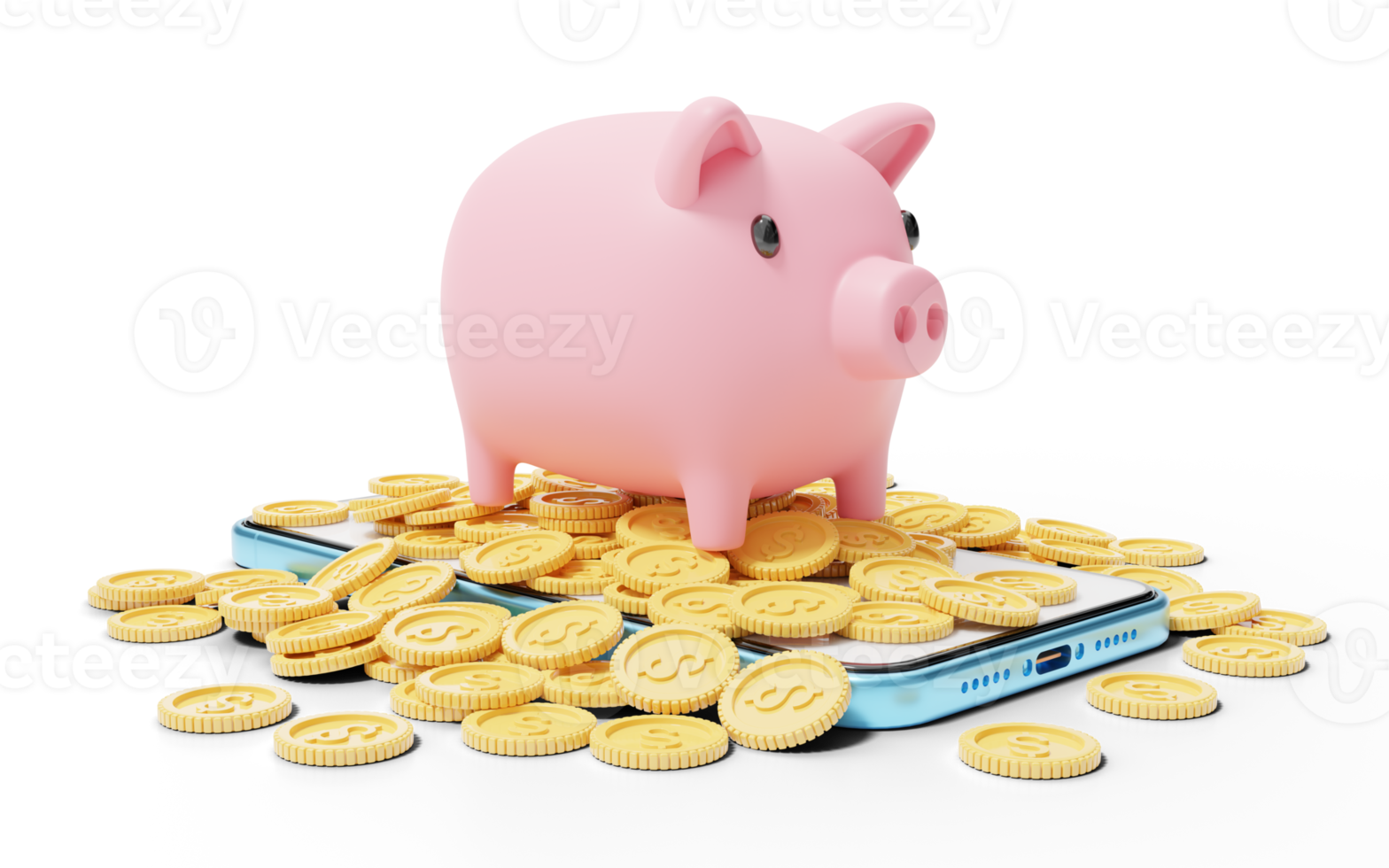 Sparschwein auf Haufen Münzen und blaues Telefon. Mobile Banking und  Online-Zahlungsservice, E-Commerce, App Store. Geld sparen  Unternehmensfinanzierung. Smartphone mit leerem weißen Bildschirm.  3D-Rendering. 10894567 PNG