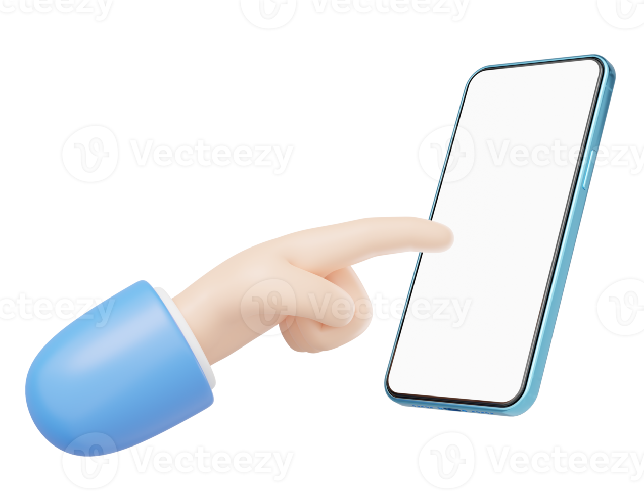 Icono de teléfono móvil táctil de mano 3d. hombre de negocios con traje que usa la pantalla blanca en blanco del teléfono inteligente que flota en el espacio aislado de la copia. espacio de maqueta para la aplicación de visualización. estilo de dibujos animados de negocios. renderizado de icono 3d png