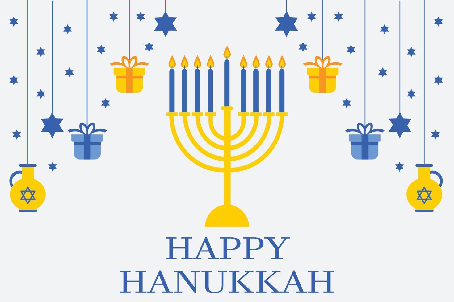 Hanukkah background with holiday candles, dreidels, Hebrew letters and David stars. Modern paper cut design for Jewish Festival of light. Vector illustration with place for your text