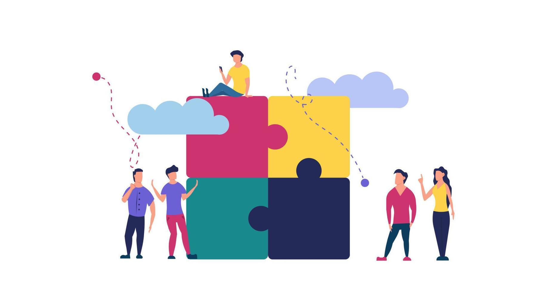 Puzzle team work vector illustration concept partner. Partnership teamwork business people collaboration together vector design. Concept jigsaw part solution group connect. Cooperation strategy idea