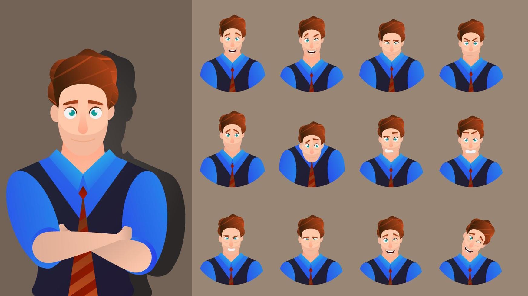 conjunto de vectores de expresión de dibujos animados de carácter cara de emoción. ilustración hombre avatar colección facial diferente. diseño de empresario feliz, enojado, alegre, sonrisa, triste. cómic emoji kit creación humano masculino