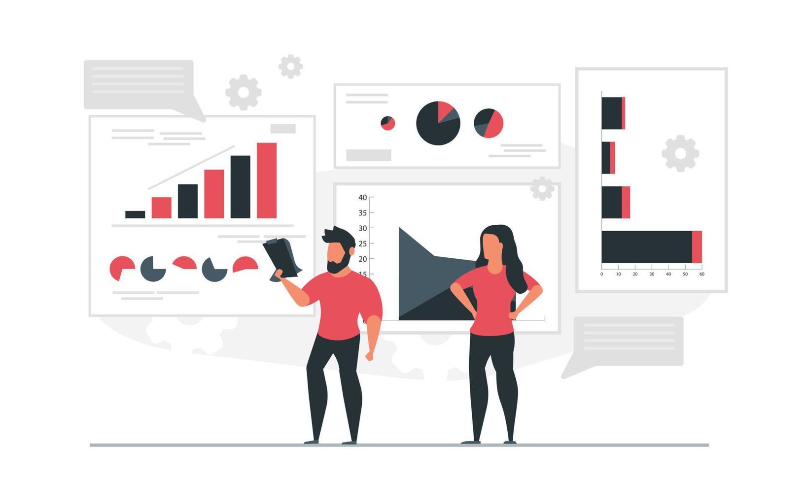 los datos informan al hombre del cuaderno ya la mujer. la gente analiza gráficos y compila estadísticas. ilustración de vector de concepto de informe de información