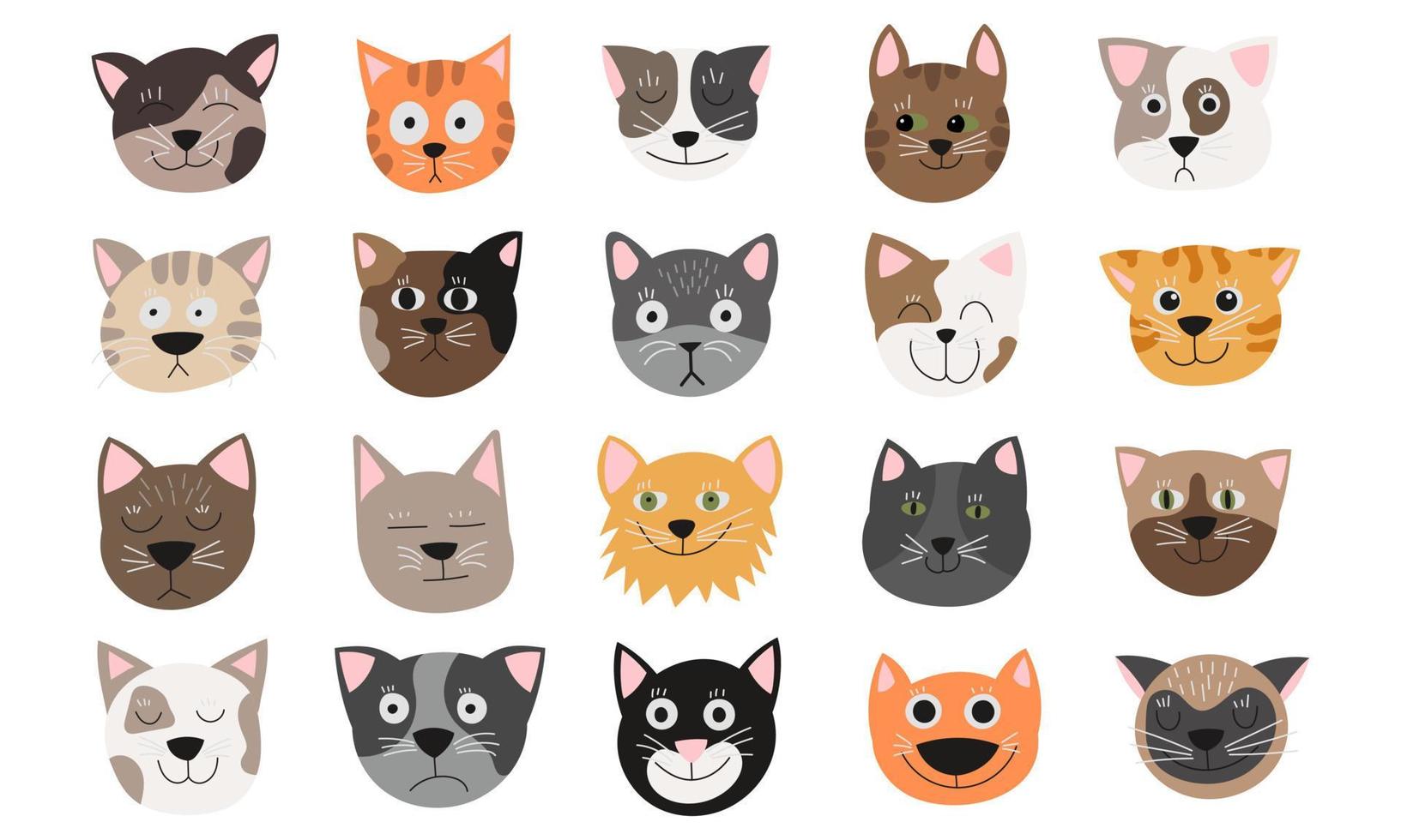 cara de gato divertida establece emociones de ilustración vectorial. linda colección de cabezas de gato con cara de animal. dibujos animados gatito mascota icono blanco aislado. dibujando feliz avatar garabato pegatina. retrato de diseño de símbolo adorable vector