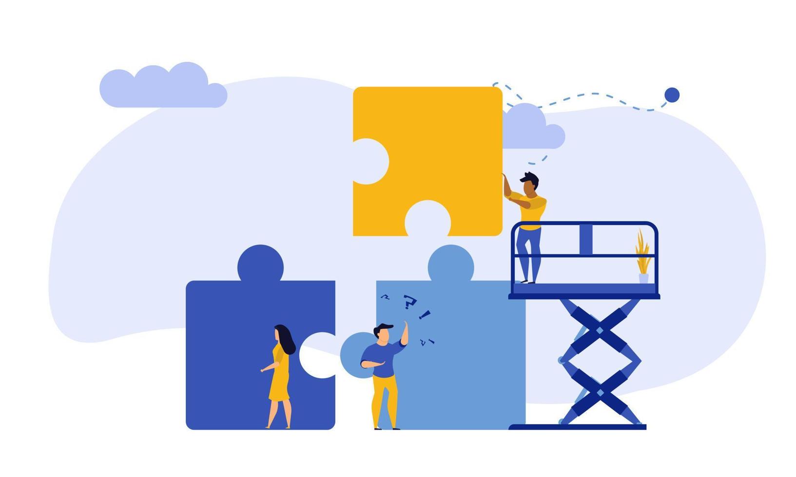Business team work building puzzle concept vector illustration. People partnership man and woman challenge marketing corporate goal. Jigsaw piece cooperation character. Office banner unity part object