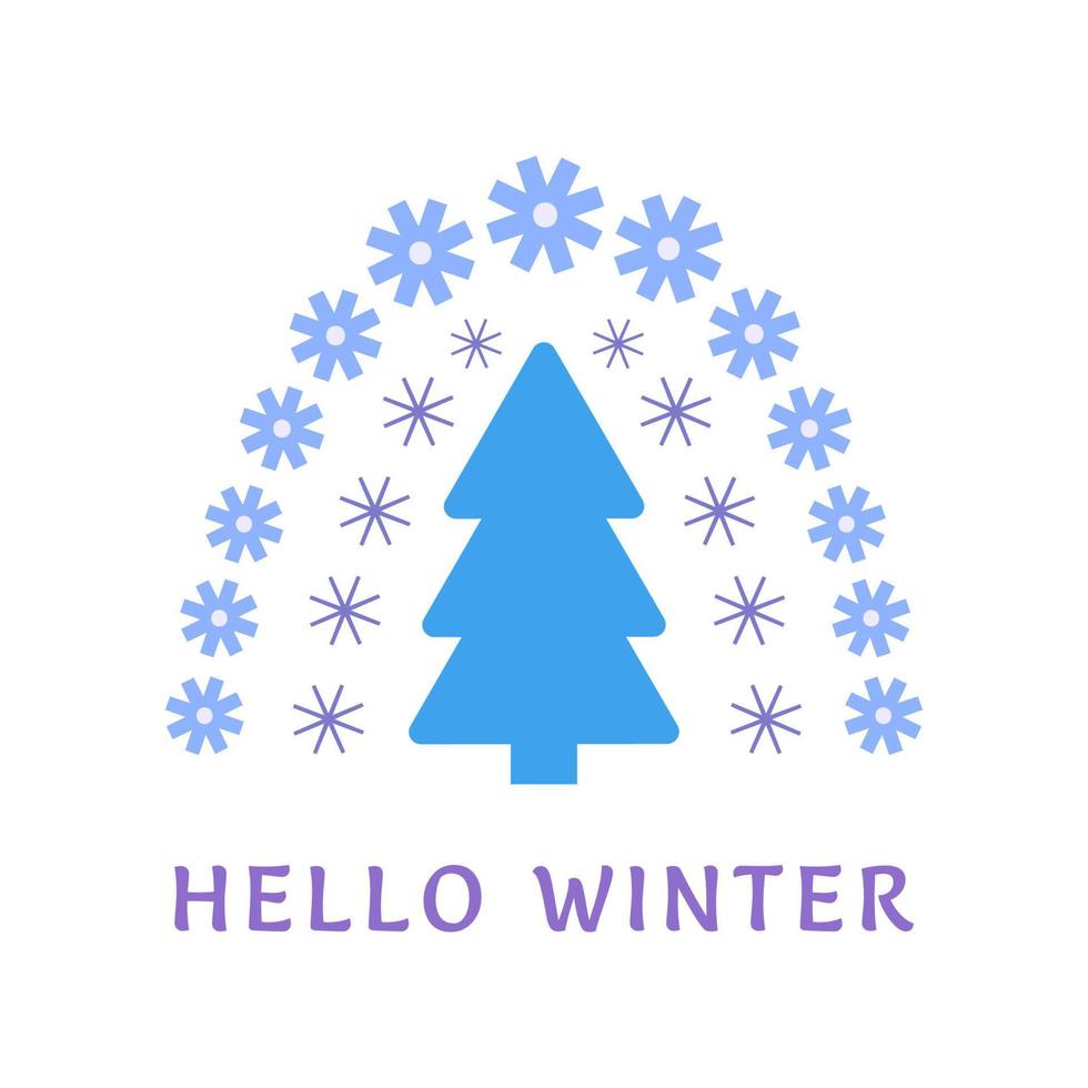 Cute rainbow composition Hello winter. Vector winter illustration in flat style for design. Happy New Year, Merry Christmas, Cozy Winter. Rainbow, tree, snowflakes