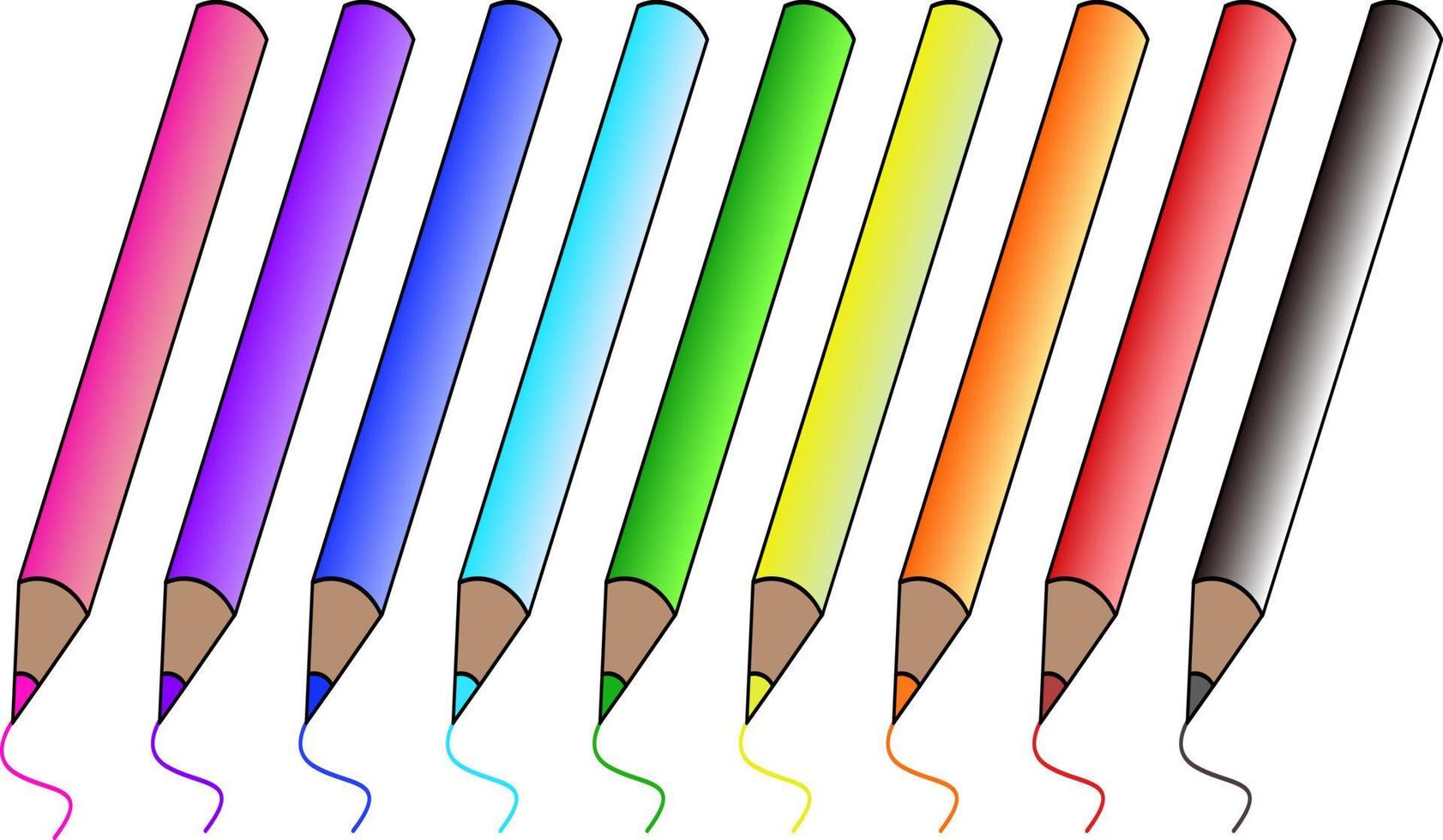 un conjunto de lápices de colores en un vector en un estilo de dibujos animados. un juego de lápices de colores realistas. Volvamos a las materias escolares. desarrollar plantillas para presentaciones, publicaciones, capacitaciones.