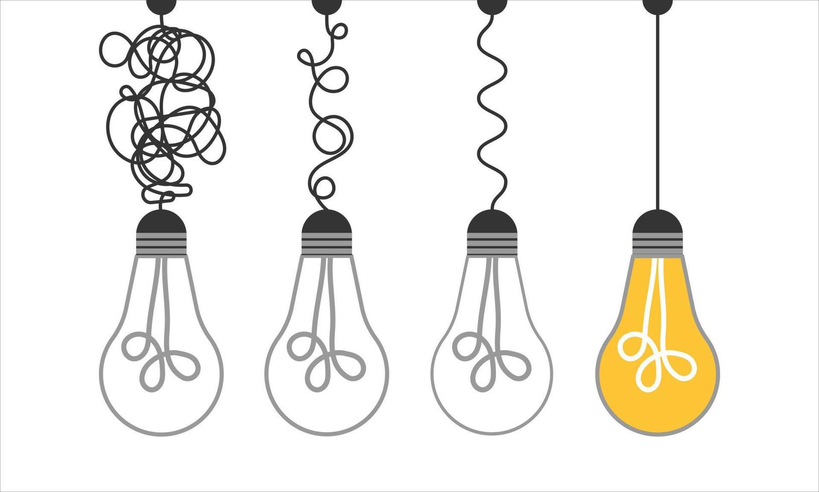 Simplification concept art with light bulb idea. Simple and creative think or search creative idea. Difficulty curve doodle path chaos. Untangle curve complex scribble vector illustration. Problem way