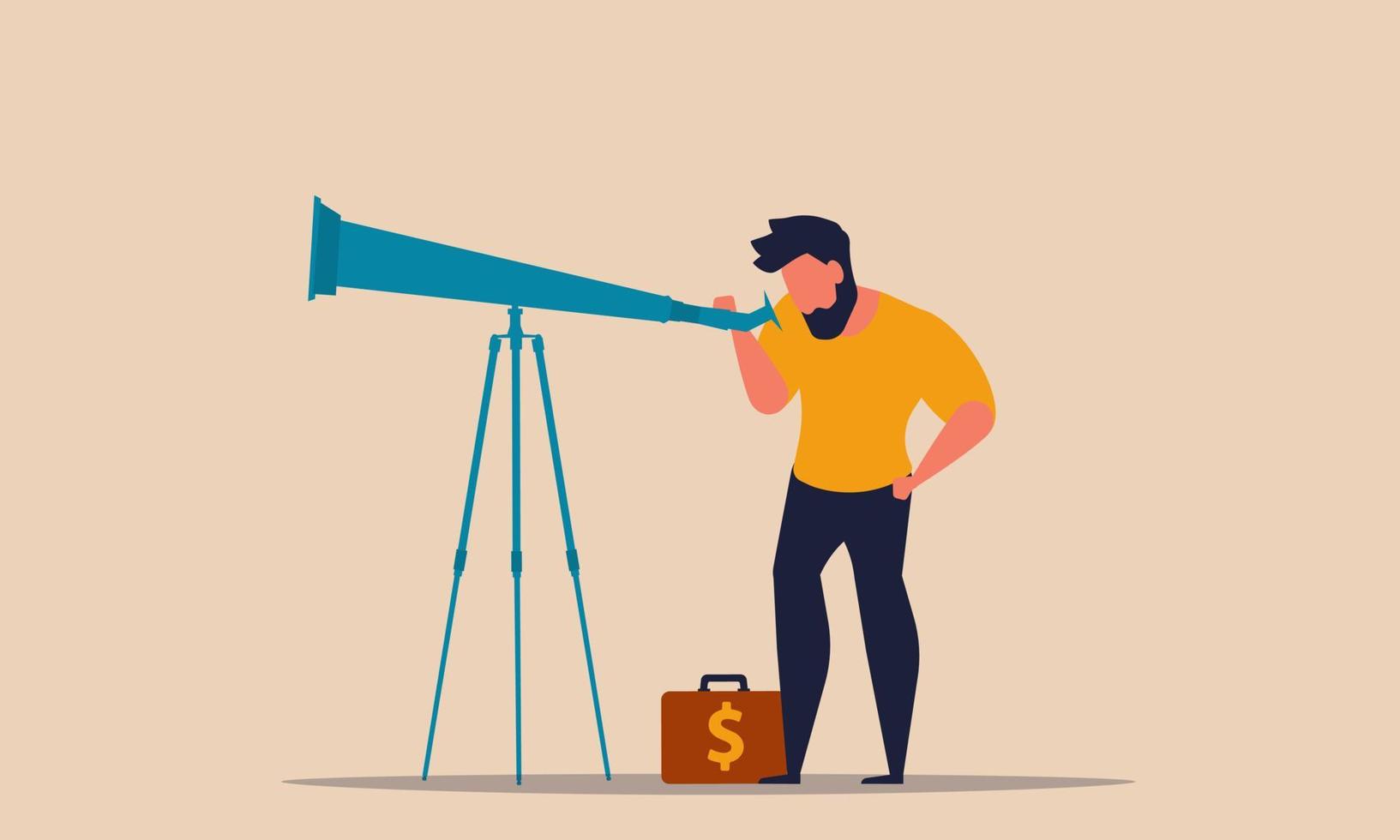 See ahead business and look to future career on telescope. Investment arrow goal and management vector illustration concept. Motivate rise and vision opportunity leadership. Forecast direction job