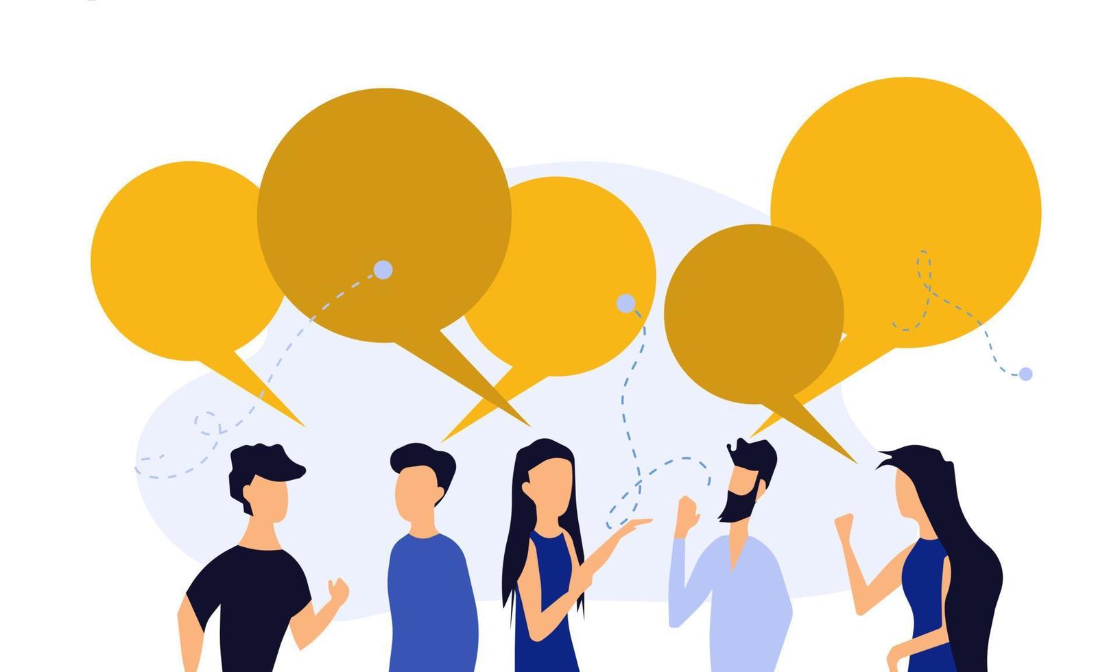 personas chat hablar diálogo vector comunicarse ilustración trabajo en equipo. concepto de conversación comunitaria de burbujas de voz en red. idea de conexión de discusión de personaje