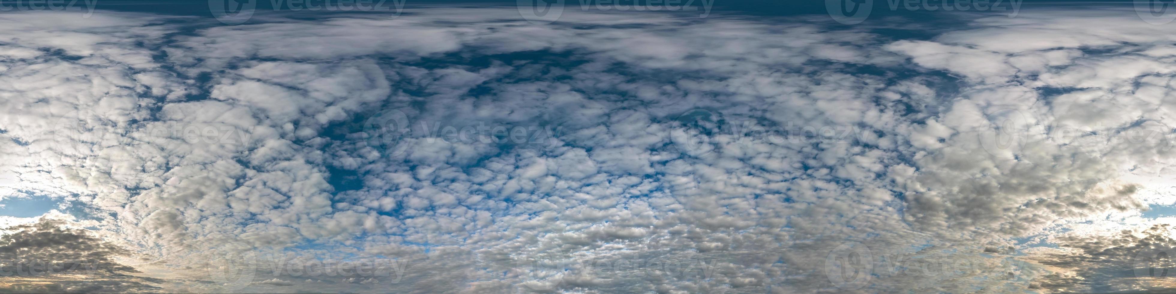 blue sky with beautiful cumulus clouds. Seamless hdri panorama 360 degrees angle view with zenith for use in 3d graphics or game development as sky dome or edit drone shot photo