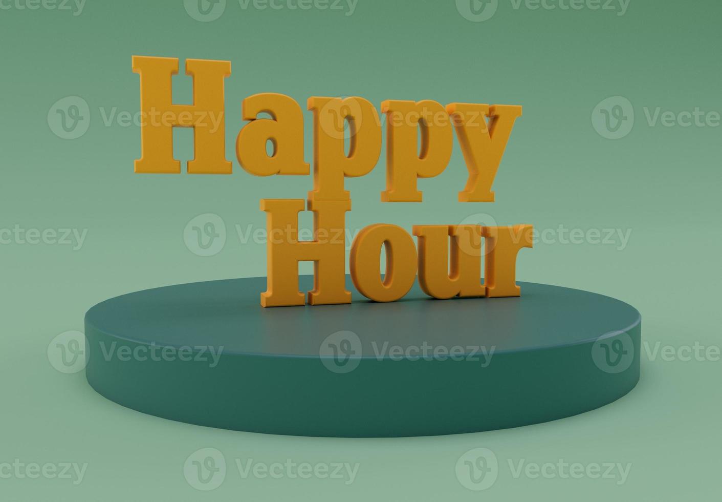 color dorado de la hora feliz, representación 3d de la hora feliz en el bar, letras mínimas con despertador foto