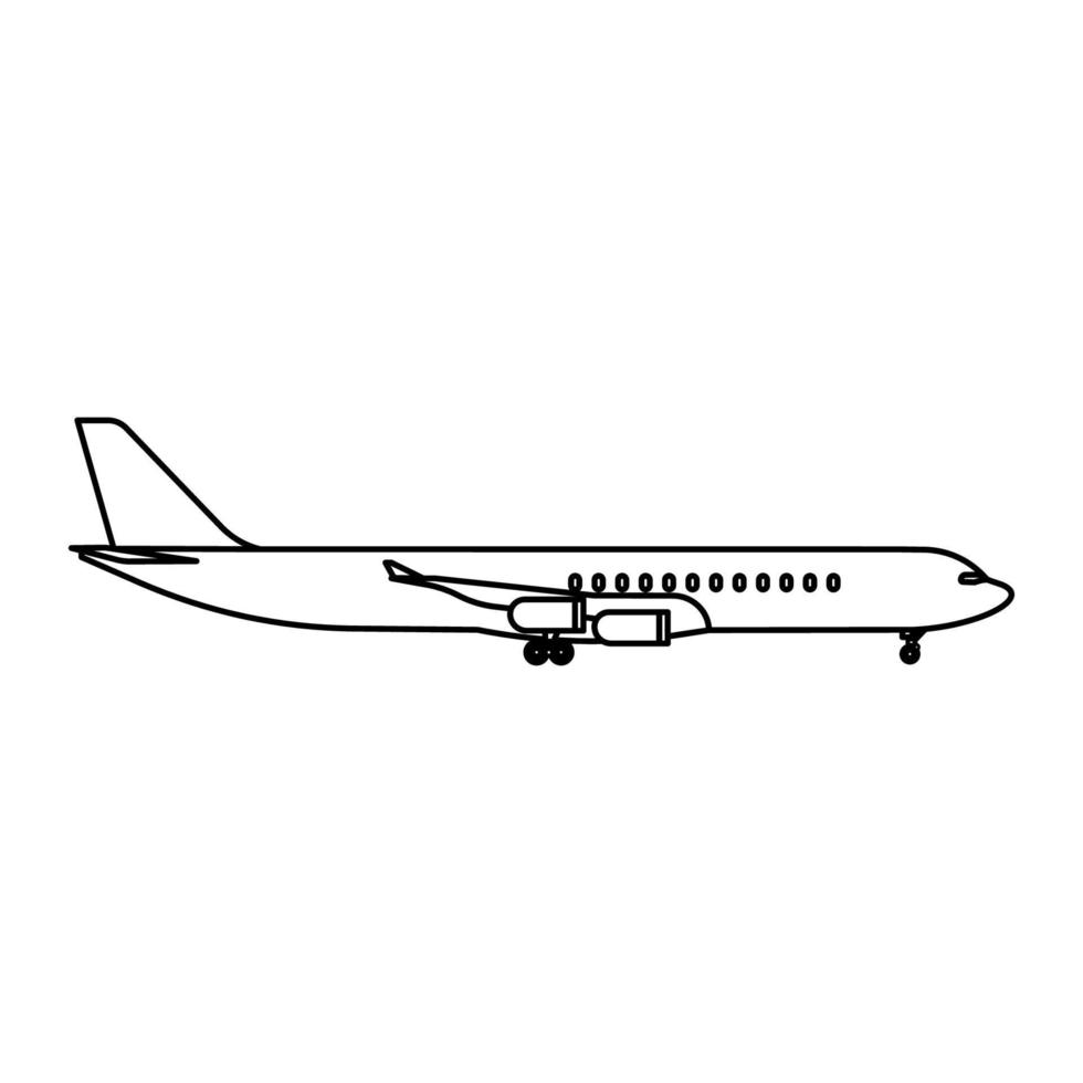 ilustración de icono de vector de viaje en avión esquema de transporte. símbolo de avión y transporte de avión volador línea blanca aislada delgada