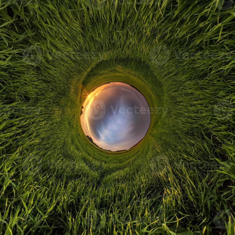 Blue little planet. Inversion of tiny planet transformation of spherical panorama 360 degrees. Spherical abstract aerial view. Curvature of space. photo