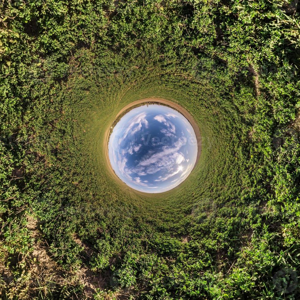 Blue little planet. Inversion of tiny planet transformation of spherical panorama 360 degrees. Spherical abstract aerial view. Curvature of space. photo