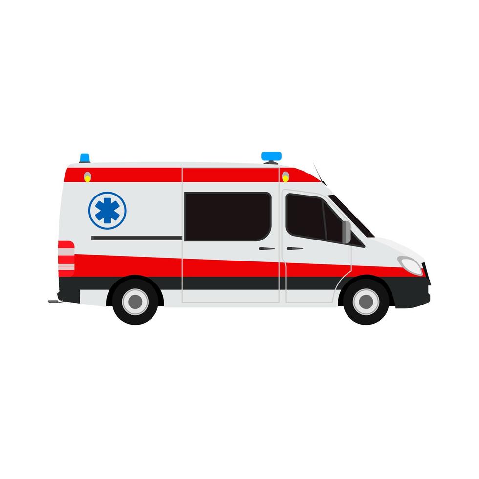 Vista lateral del vector plano de la furgoneta de ambulancia. ayuda emergencia auto rojo transporte rescate