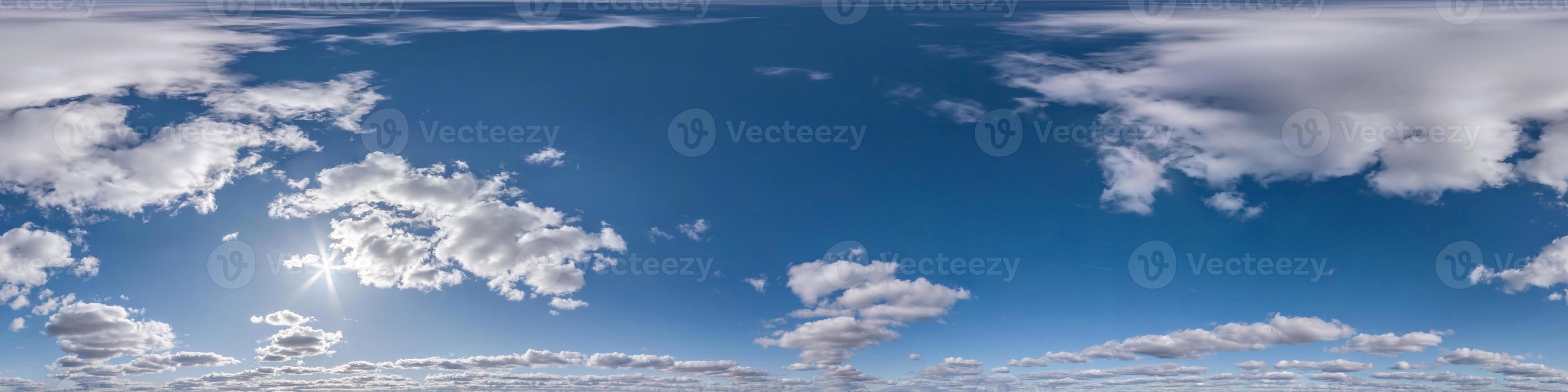 clear blue sky with white beautiful clouds. Seamless hdri panorama 360 degrees angle view  with zenith for use in 3d graphics or game development as sky dome or edit drone shot photo