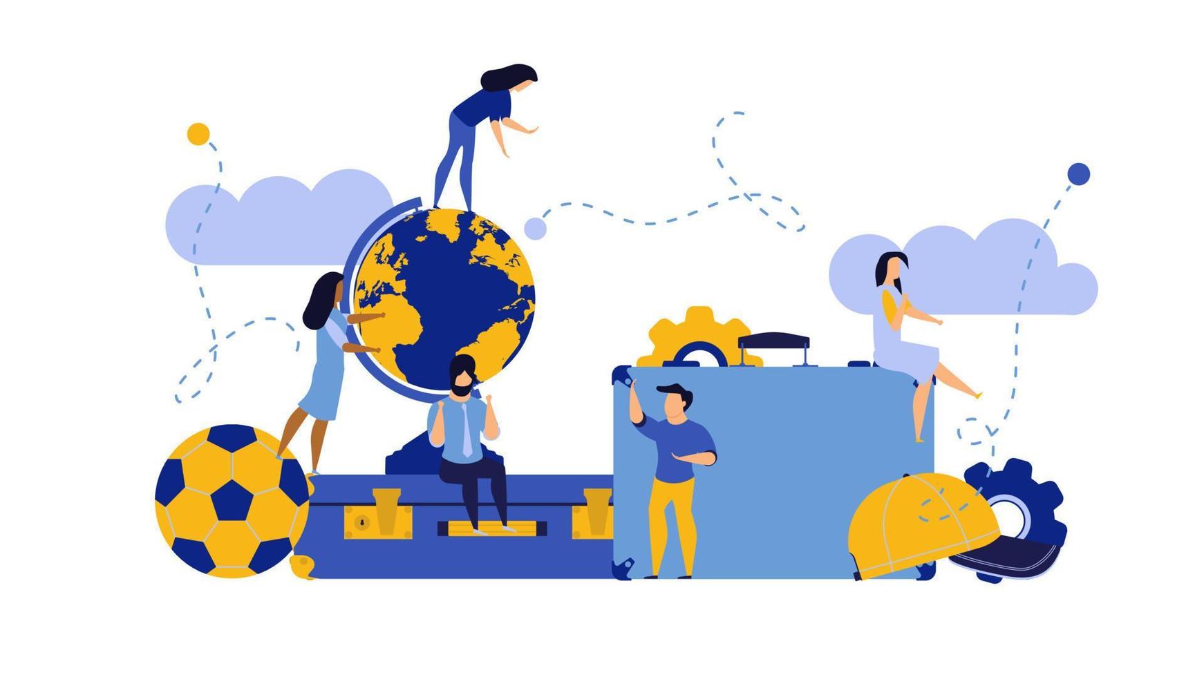 Challenge journey man and woman vector concept illustration with suitcase,ball,cap. Business achievement career success goal. Target aim direction way. Travel motivation job banner. Trekking adventure