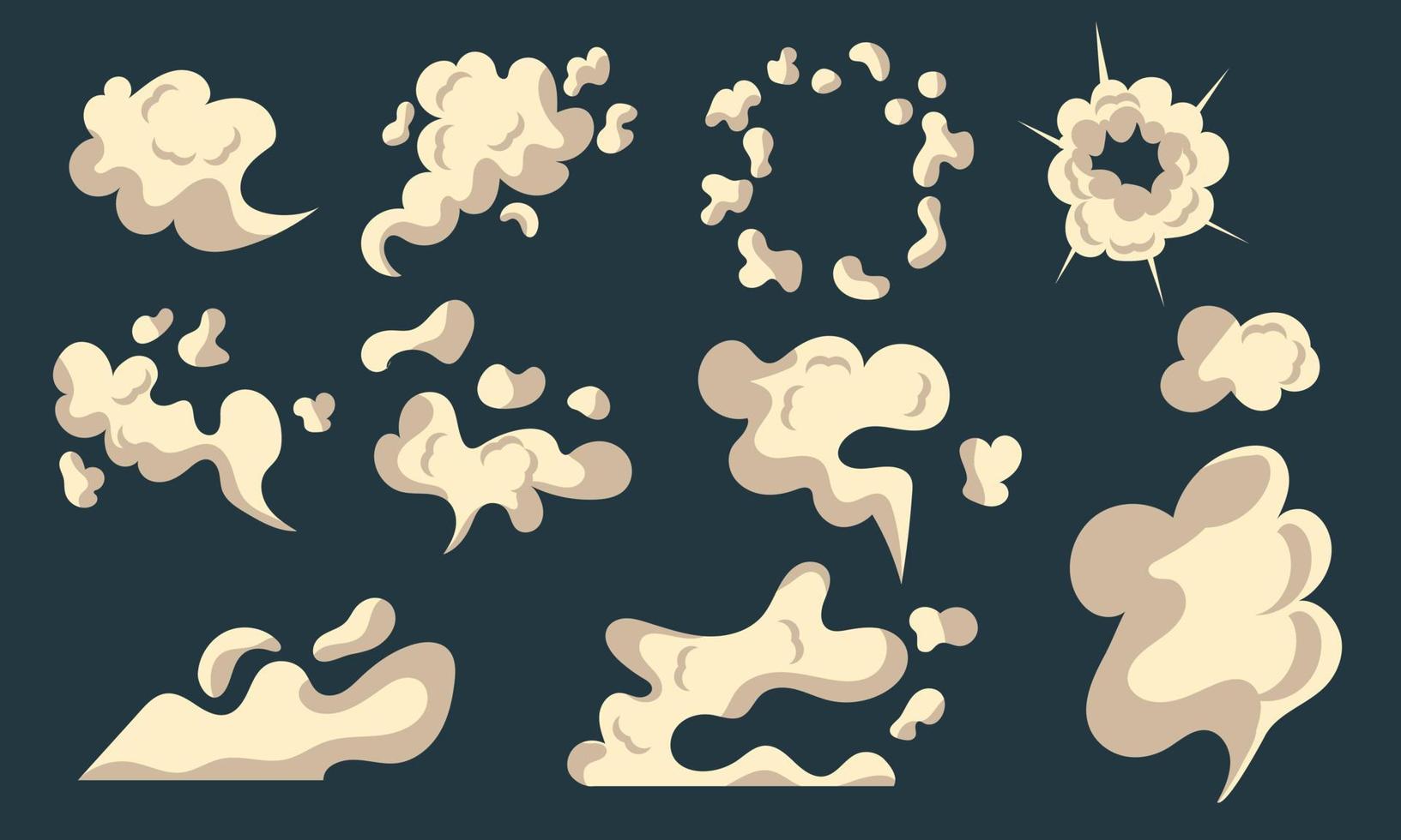 Bubble explode smoke poof and cloud blow effect. Wind with cartoon gray fog and boom dust vector illustration. Puff icon and air cloudy element. Fume comic explosion and set vapor storm isolated
