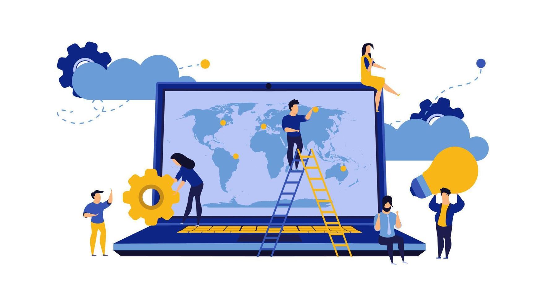 concepto de mapa de vector de tierra global de negocios con computadora portátil. pc consultoría mundo de las ideas. caricatura de equipo de ilustración de grupo de hombre y mujer. Red internacional de planetas en todo el mundo. éxito de la asociación de internet