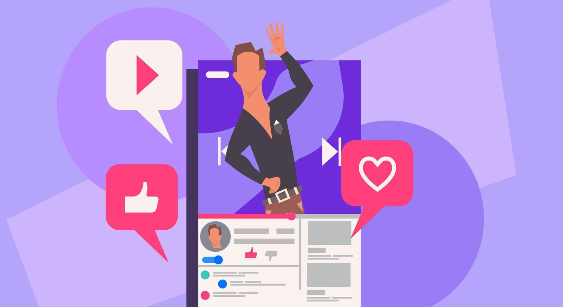 Man blogger vector illustration communication internet. Online blog on smartphone concept social mobile network. Review for like video content live streaming user. Phone vlog stream discussion speech