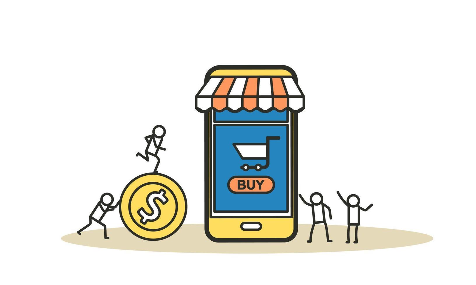 tienda de compras de ilustración de producto inteligente de visualización de vector de compra minorista. la gente compra tienda bolsa tienda mercado. concepto de compra de negocios de comercio. consumismo con cesta de supermercado de teléfono. banca móvil