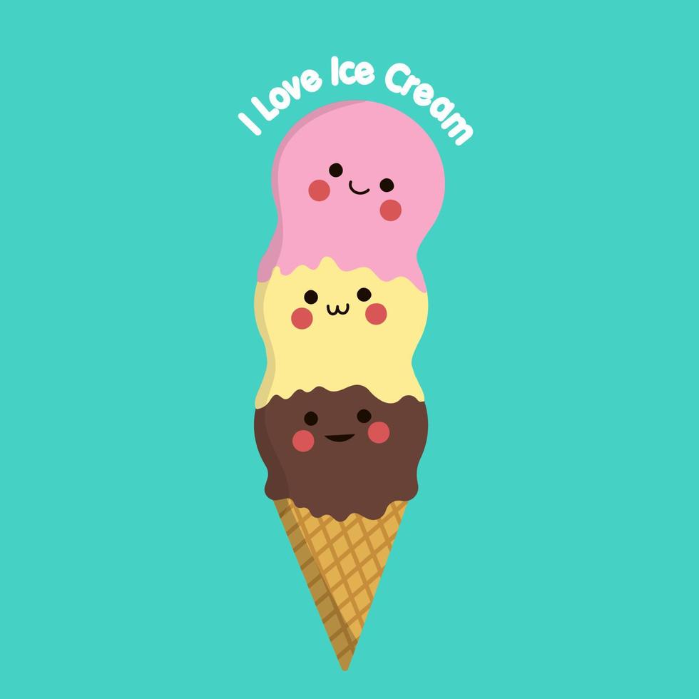 fondo con tres hermosas bolas de cono de helado waffle lindo personaje. dulce regalo de verano con chocolate, vainilla y color rosa ilustración vectorial vector