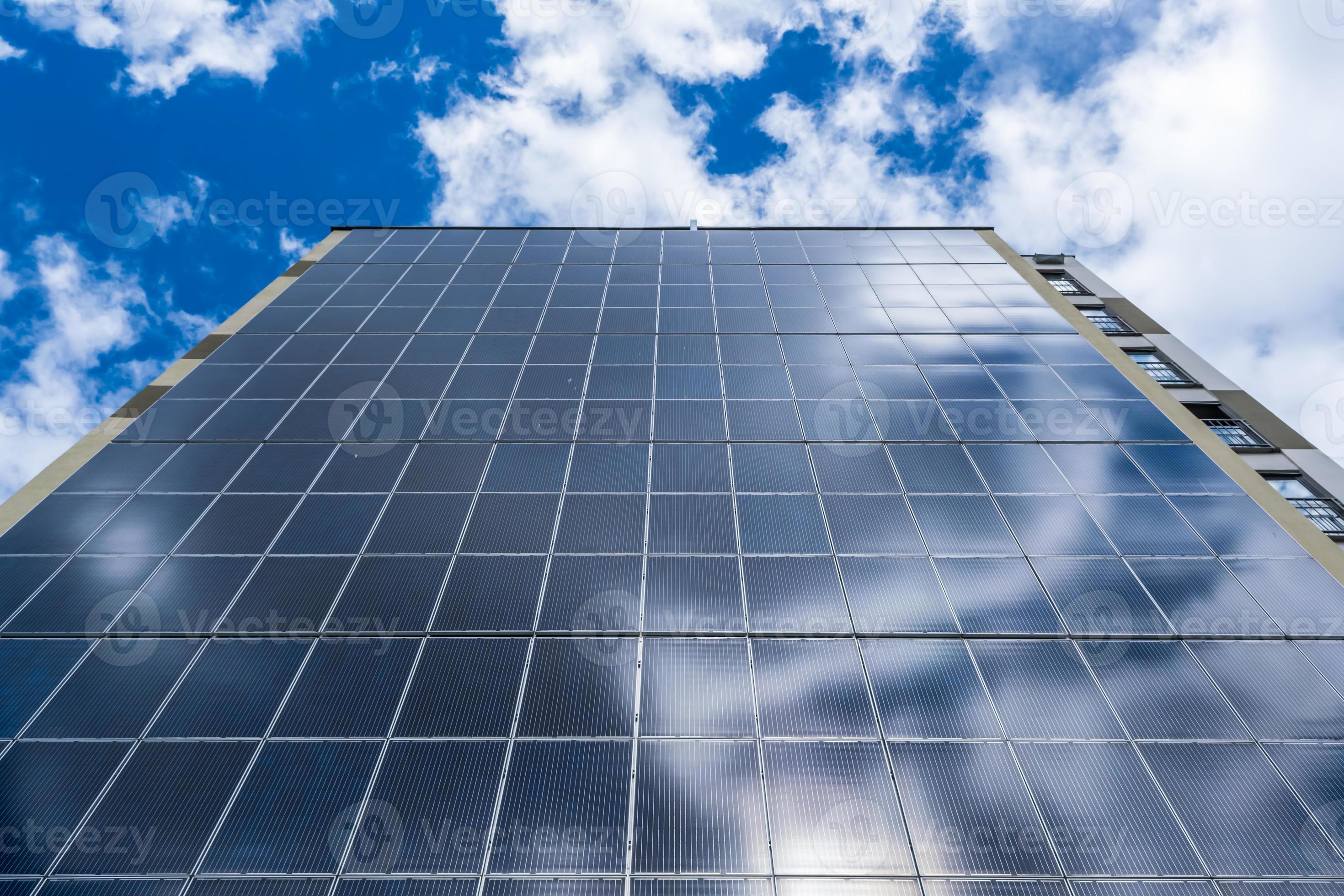 solar panels on the wall of a multistorey building. Renewable solar