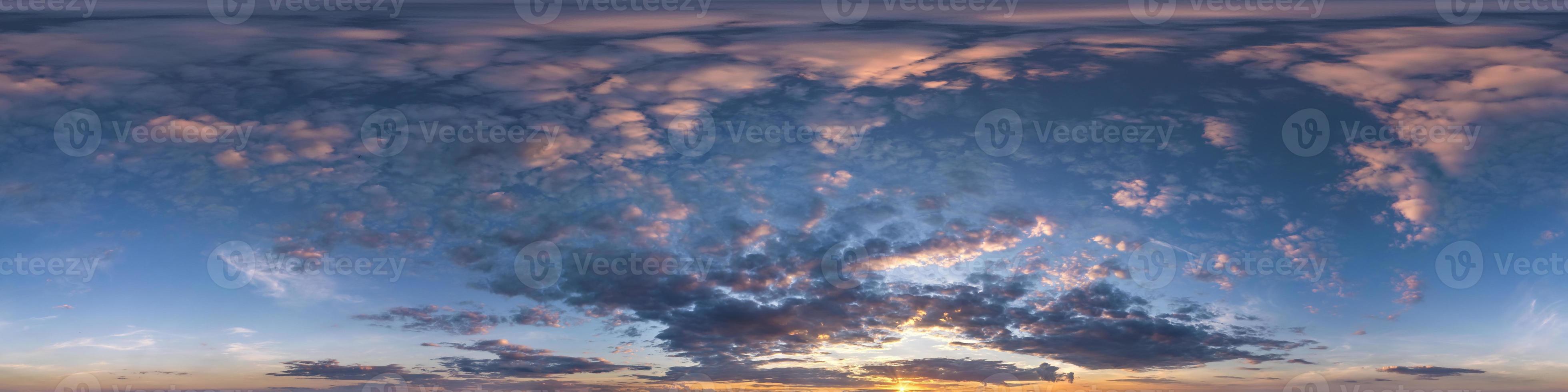 Seamless evening  blue sky hdri panorama 360 degrees angle view with zenith and beautiful clouds for use in 3d graphics as sky dome or edit drone shot photo