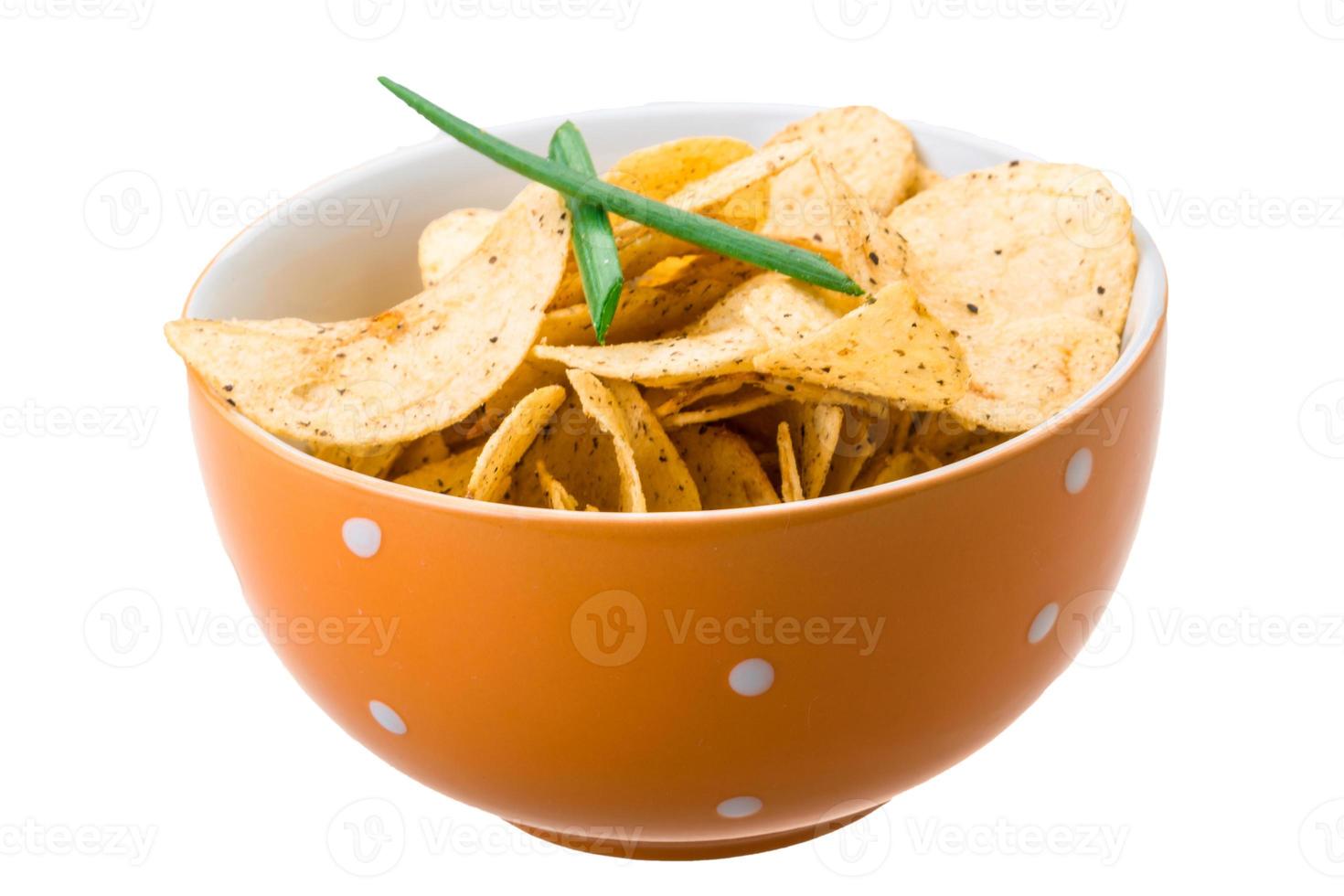 Potato chips in a bowl on white background photo